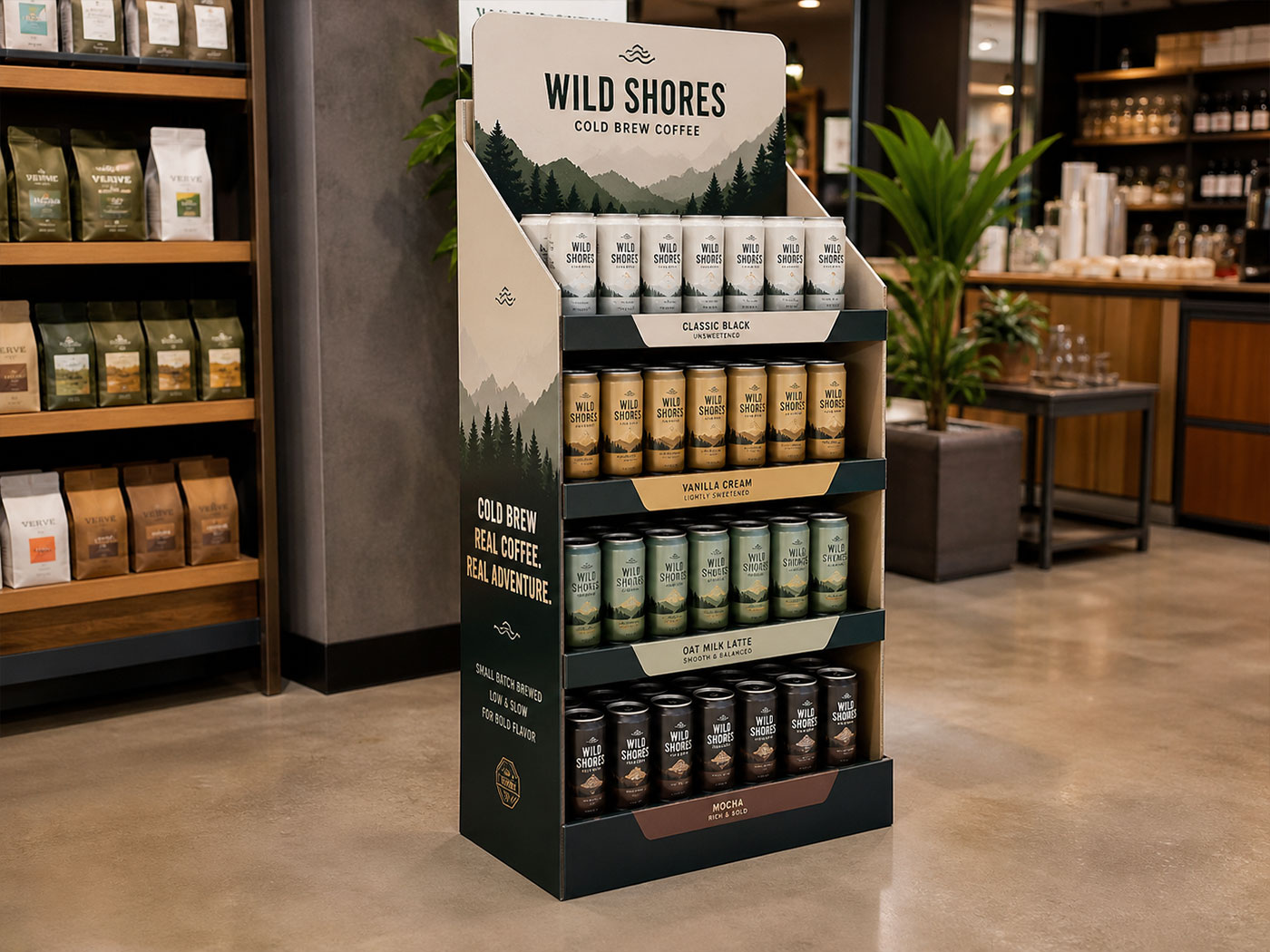 Cardboard display rack with cold brew coffee cans