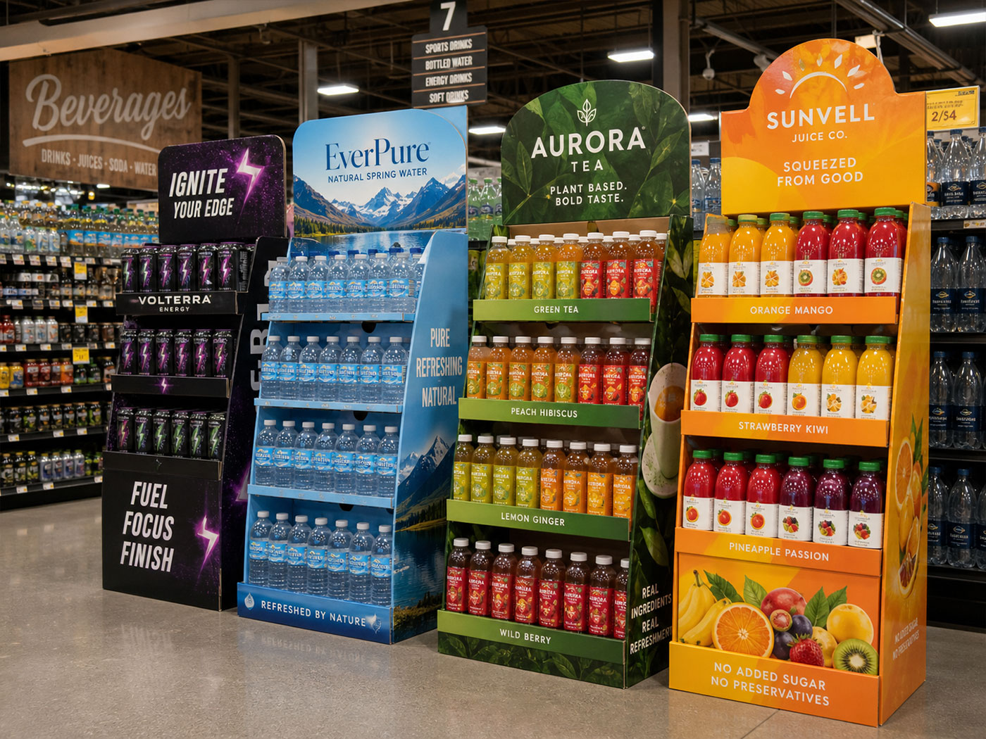 Custom cardboard beverage displays for beer, wine and soft drinks in retail