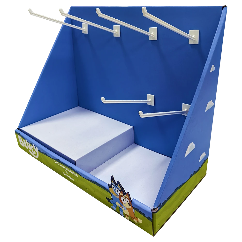 Blue Cardboard PDQ Display Stand with Peg Hooks, Dual-Function Shelving and Hanging Display