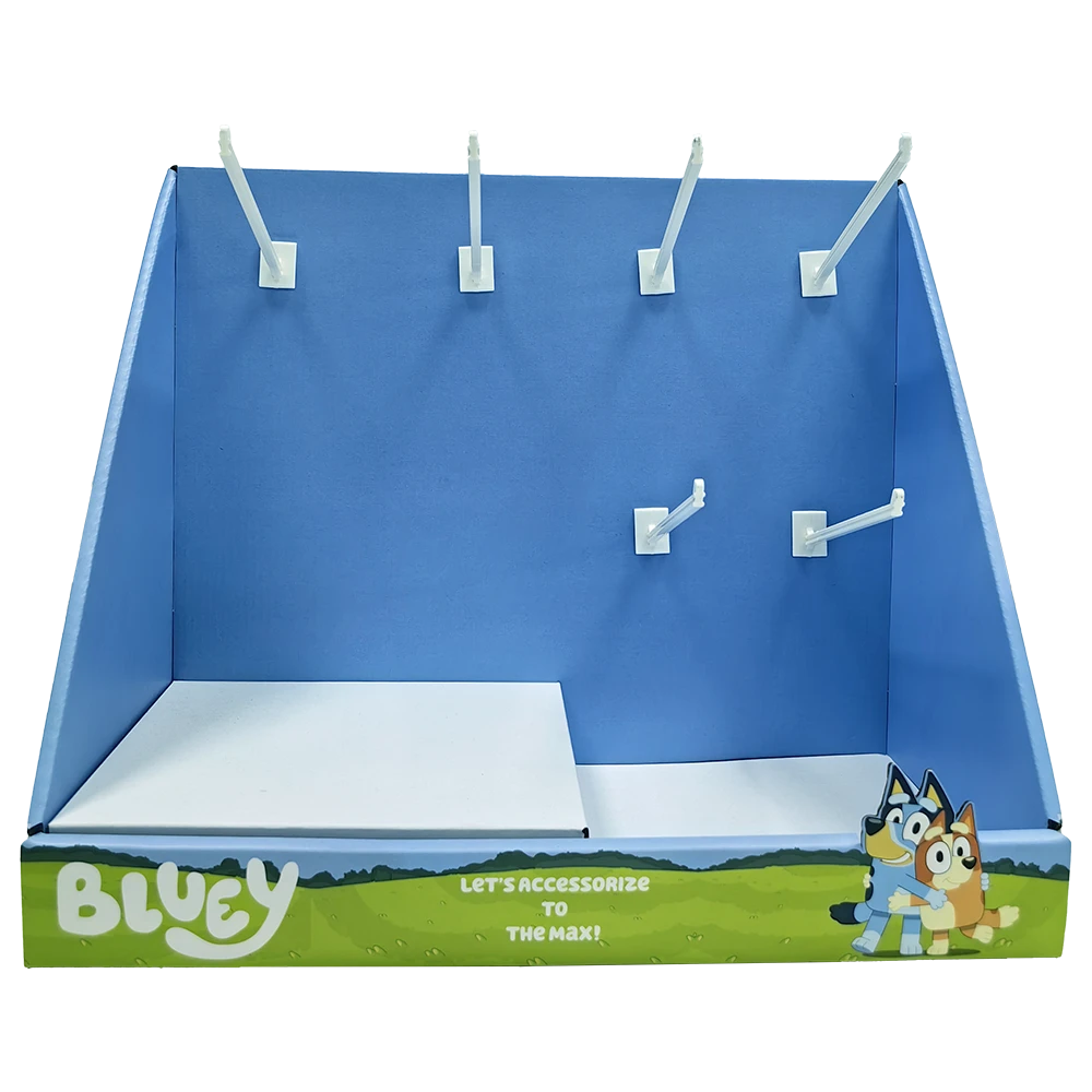 Countertop Corrugated Display Unit with Hooks and Trays for Toy Retail Merchandising