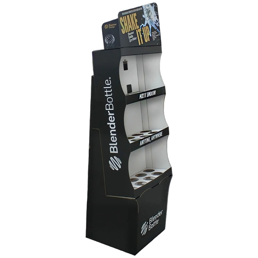 Custom Corrugated Floor Display Stand with Shelf Inserts for Water Bottles and Sports Mixers