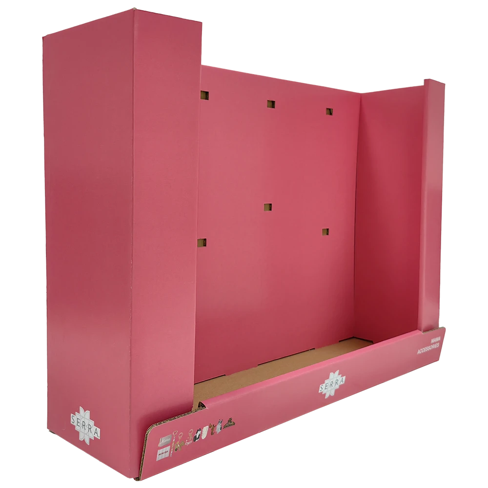 Custom Pink Corrugated Cardboard Countertop Display Stand with Back Panel