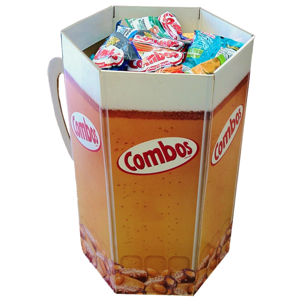Mug-Shaped Hexagonal Corrugated Dump Bin for Snack Packs