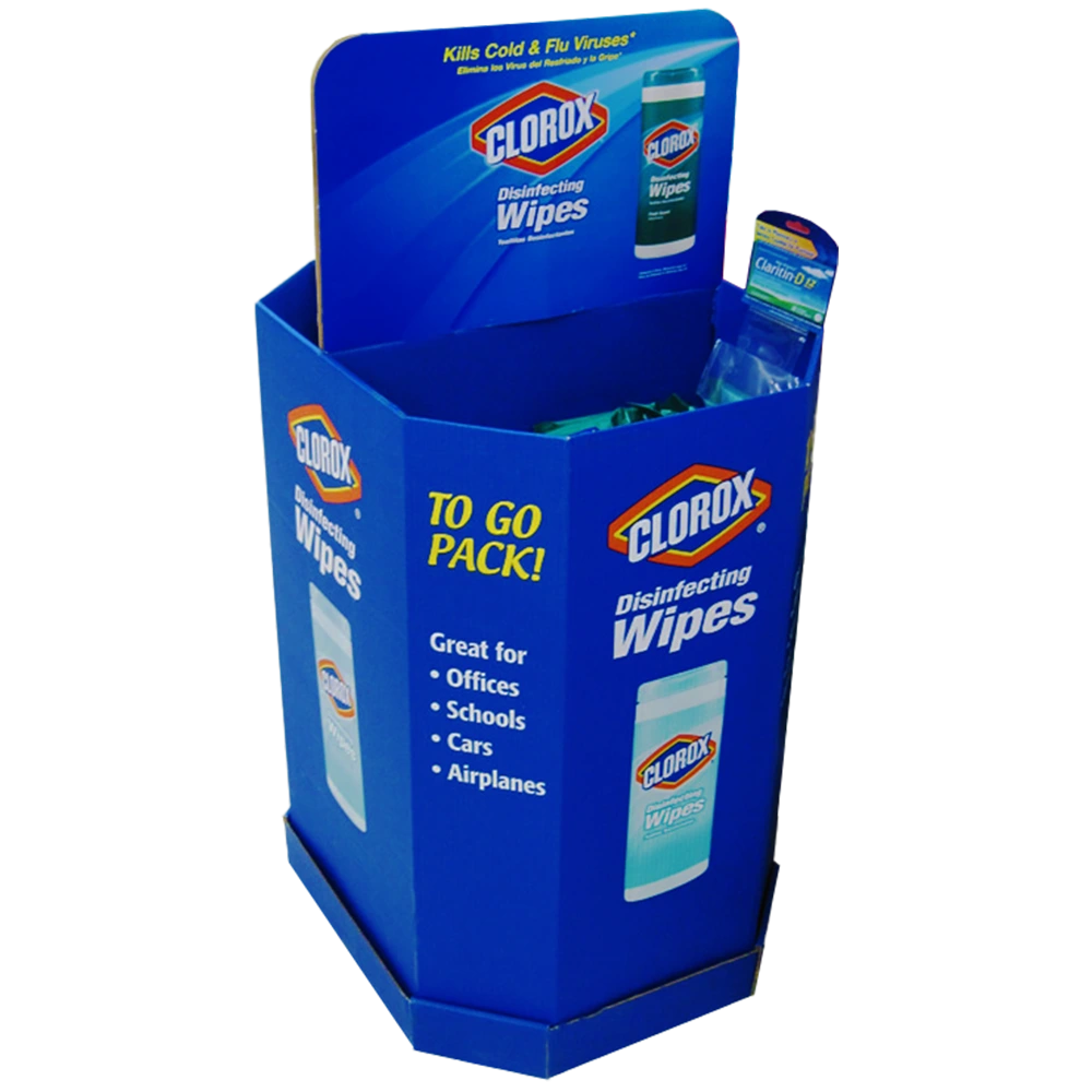 Hexagonal Cardboard Floor Display with Integrated Riser Header