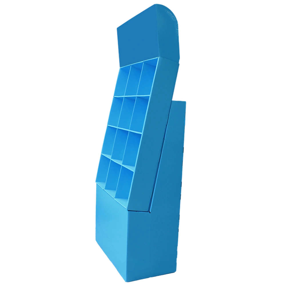 Blue Cardboard Floor Display Stand with Multi-Pocket Grid System