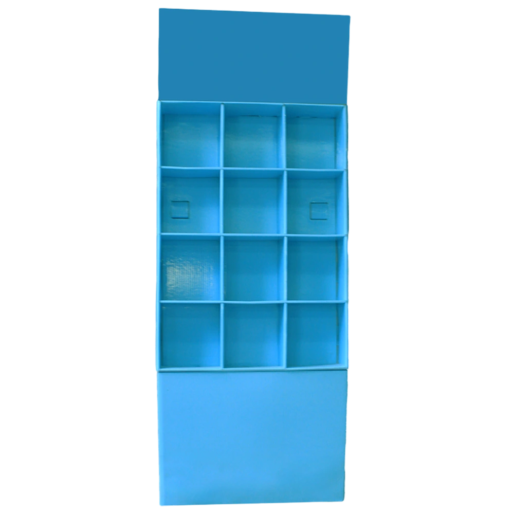 Tiered Blue Paper Display Rack with Header Card for Point of Sale