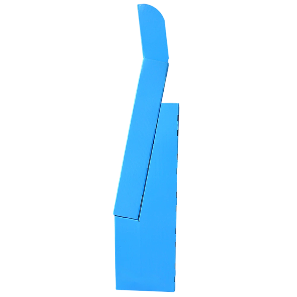 Tiered Blue Paper Display Rack with Header Card