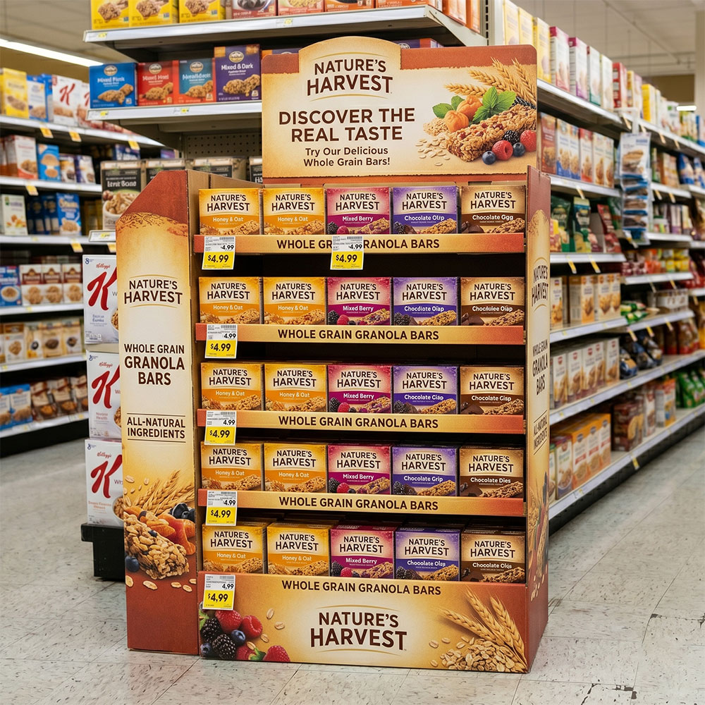 Corrugated cardboard food display at retail store aisle