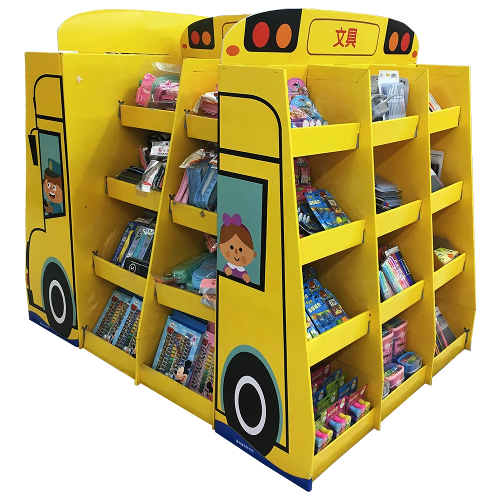 School Bus Shaped Corrugated Cardboard Pallet Display for Back-to-School Stationery