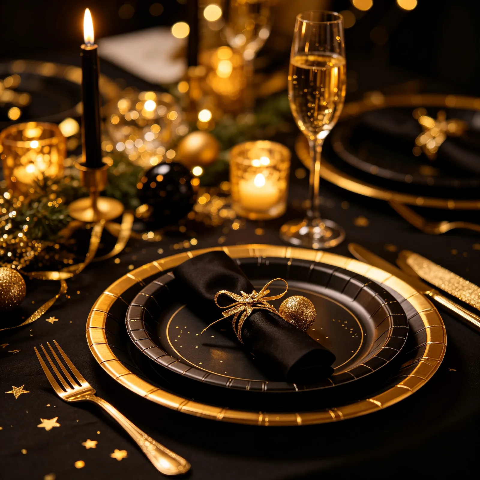 Coordinated Black-and-Gold Table Settings